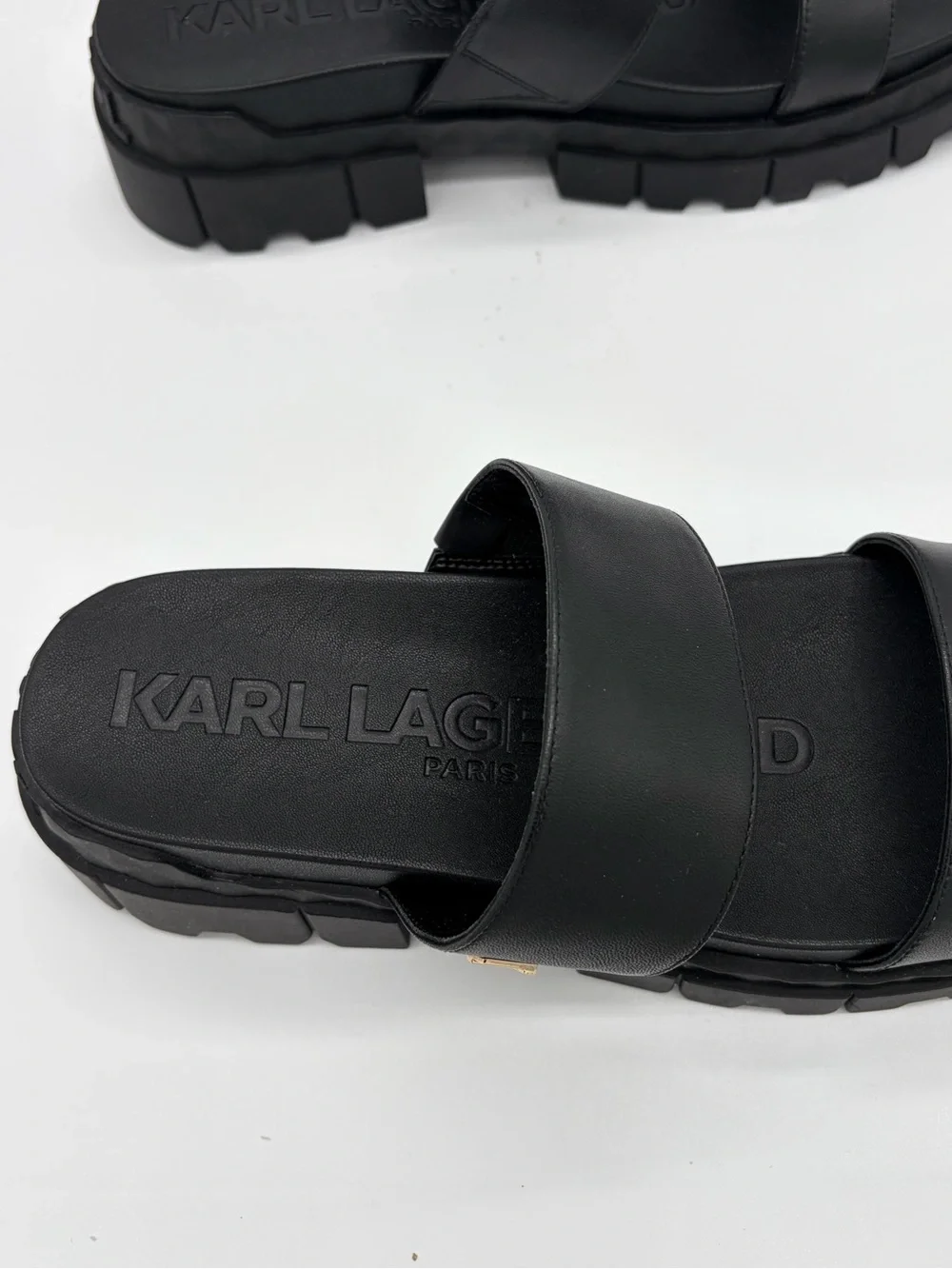 Karl Lagerfeld Black Double-Strap Lug Sole Slide Sandals
